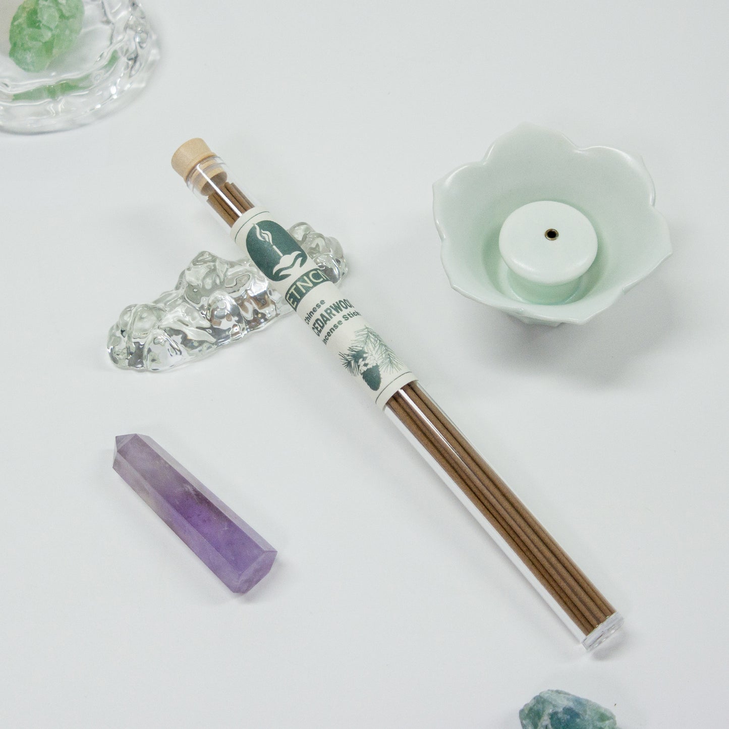 Cedarwood incense sticks & caystal & incense burner