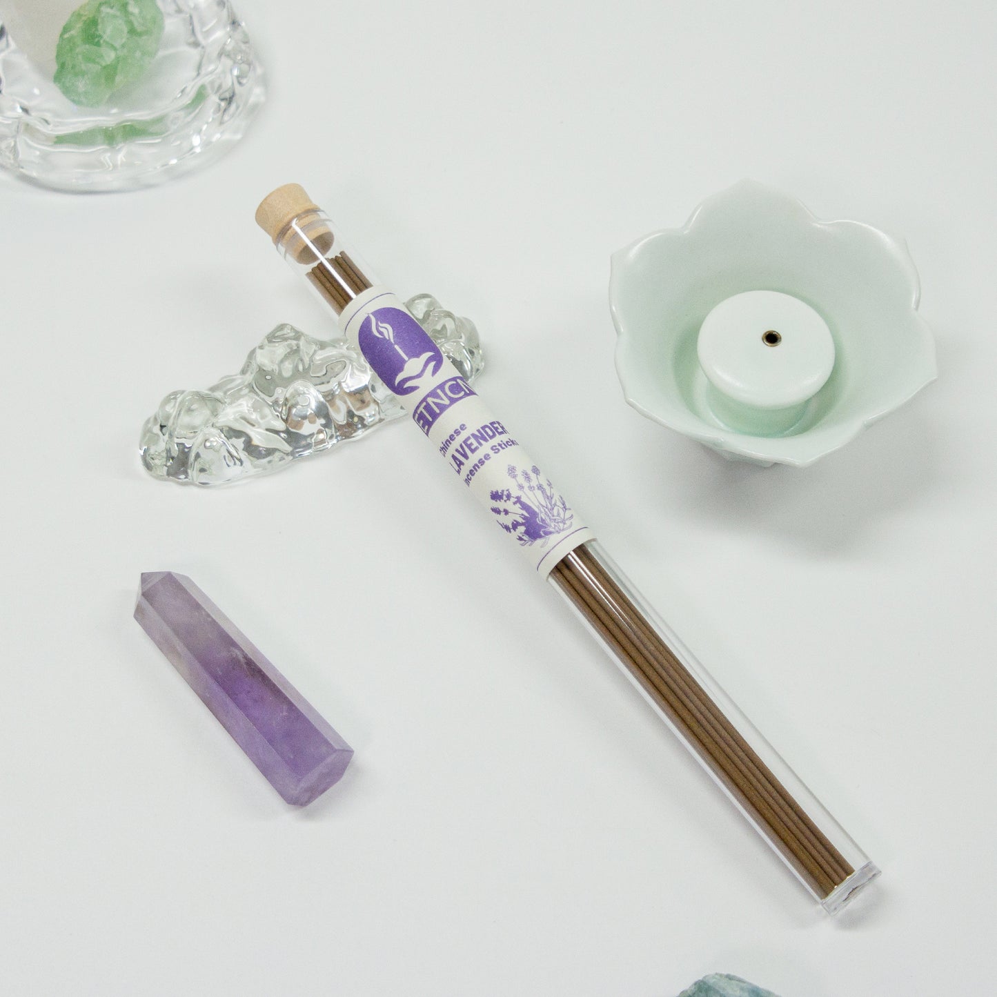 Lavender incense sticks & caystal & incense burner