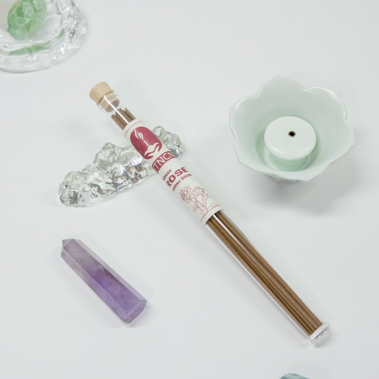 Rose incense sticks & caystal & incense burner
