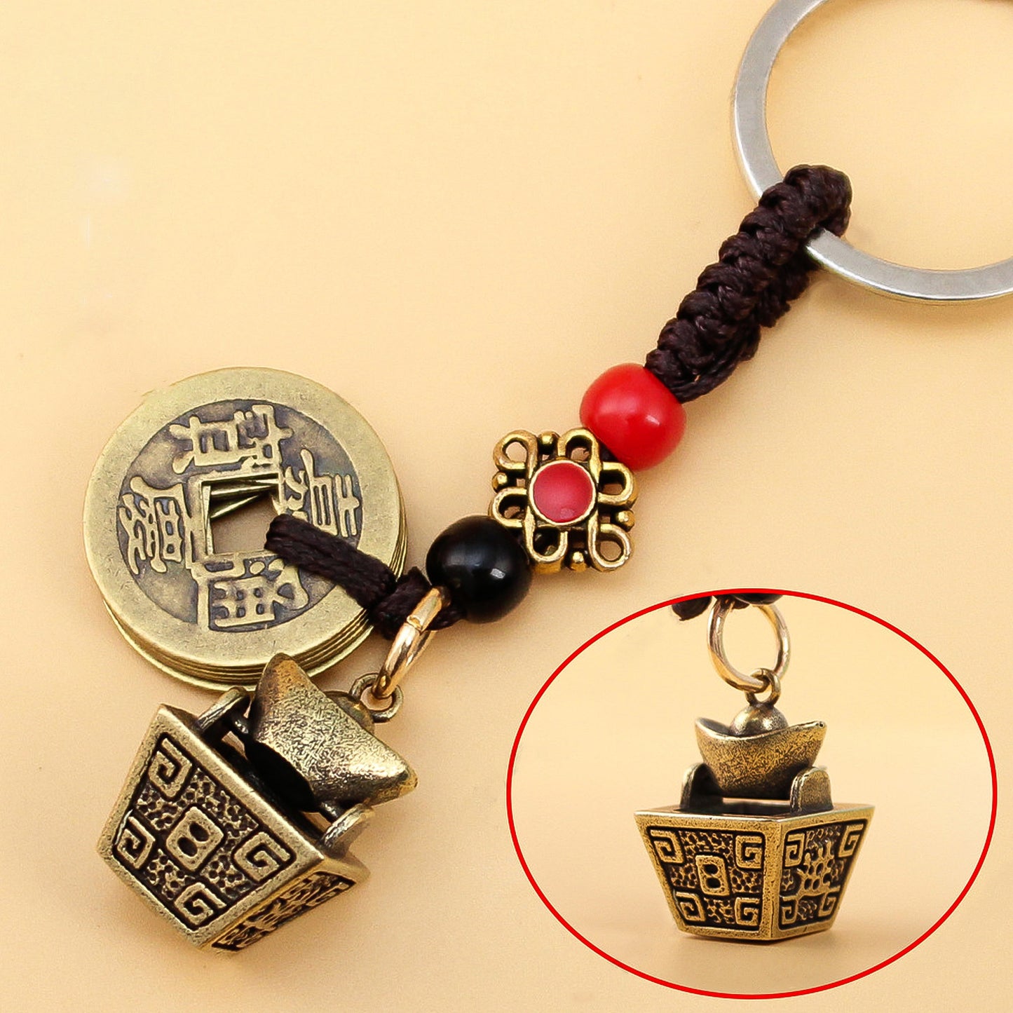 Brass Five Emperors Money Treasure Bowl to Bring Wealth and Security Backpack Ornament - ETNCN