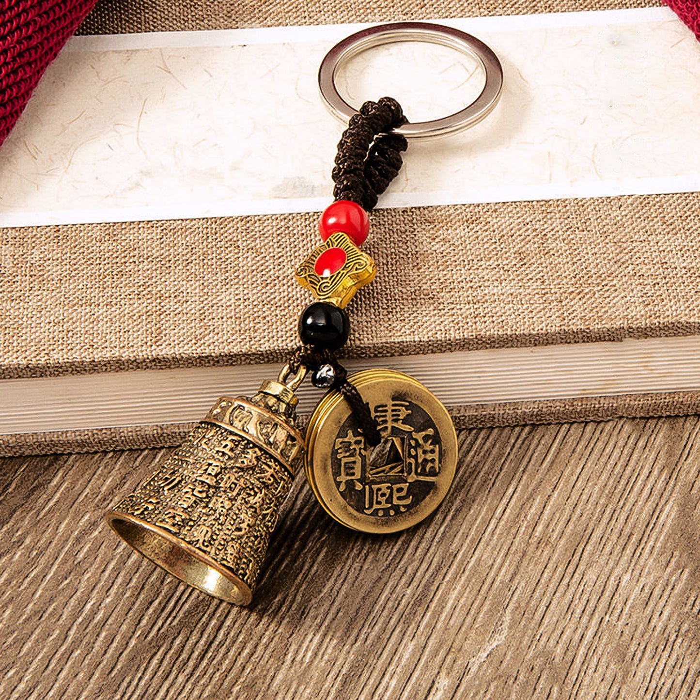 Metallic Five Emperors' Money Heart Sutra Bell Keychain - ETNCN