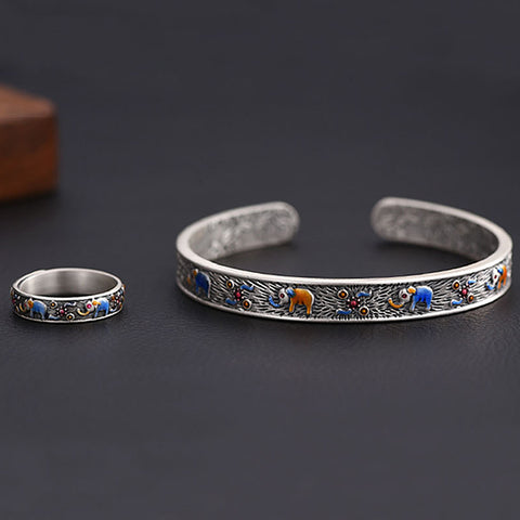 Metal Enamel Auspicious Ring + Bracelet