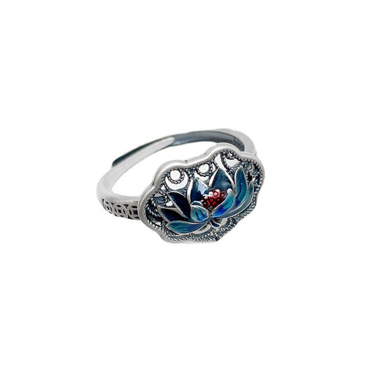 Chinese Adjustable Size Enamel Lotus Flower Ring