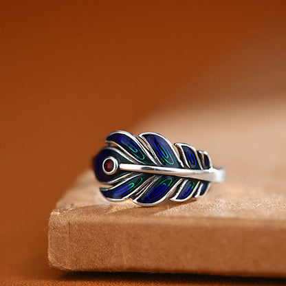 Metal Enameled Feather Auspicious Women's Ring Adjustable Size