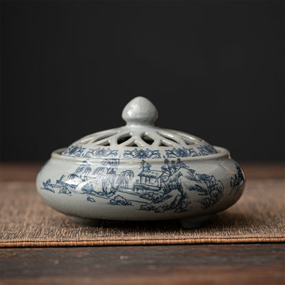 Ceramic Blue and White Porcelain Chinese Incense Burner Spiritual Energy Supplies - ETNCN