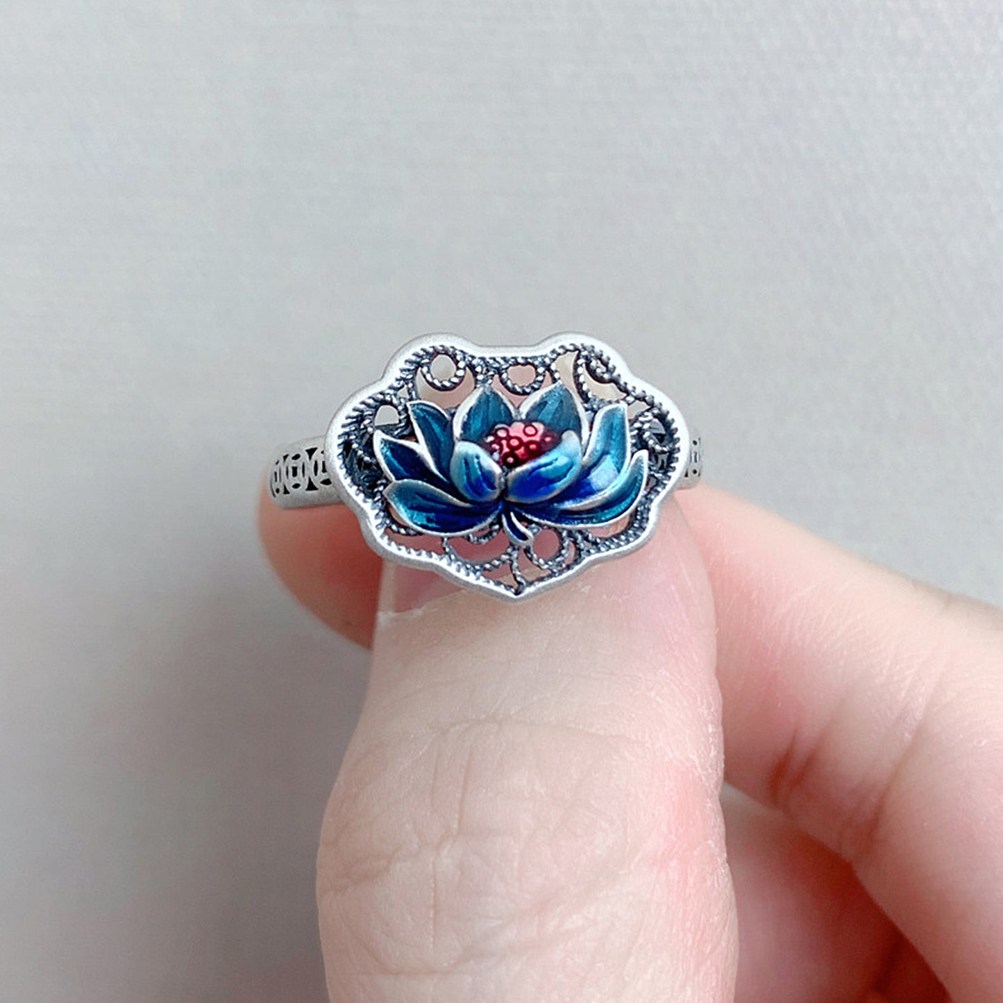 Chinese Adjustable Size Enamel Lotus Flower Ring