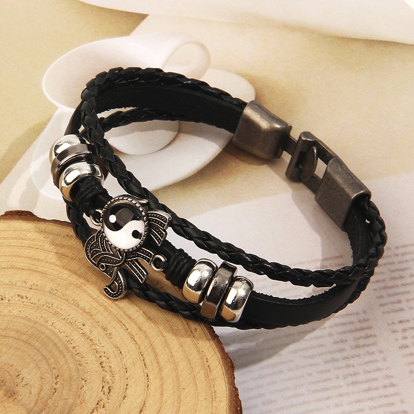 Tai Chi Elephant Boho Leather Bracelet