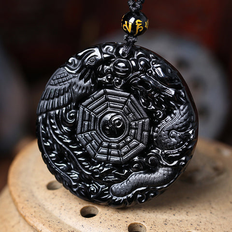 Taoist Obsidian Dragon and Phoenix Bagua Necklace - ETNCN