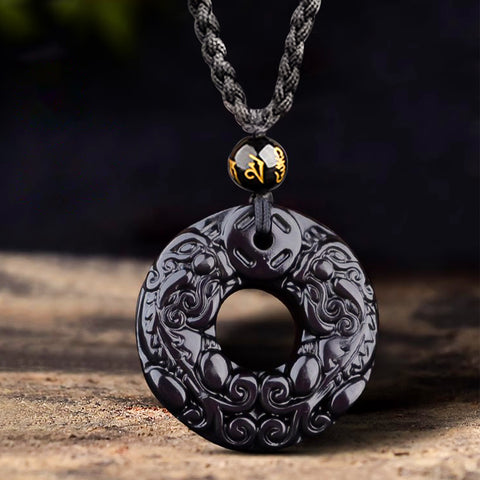 Taoist Obsidian Peaceful Fortune Circle Necklace - ETNCN