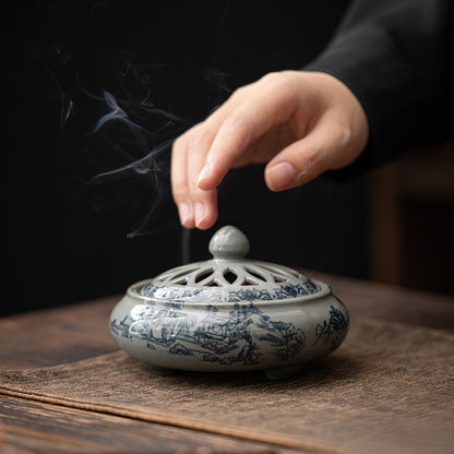 Ceramic Blue and White Porcelain Chinese Incense Burner Spiritual Energy Supplies - ETNCN