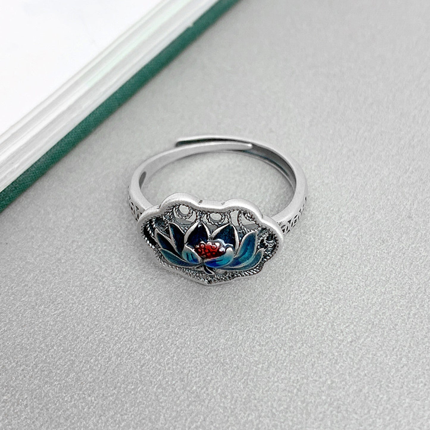 Chinese Adjustable Size Enamel Lotus Flower Ring