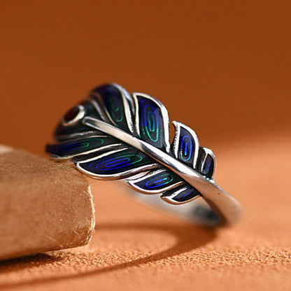 Metal Enameled Feather Auspicious Women's Ring Adjustable Size