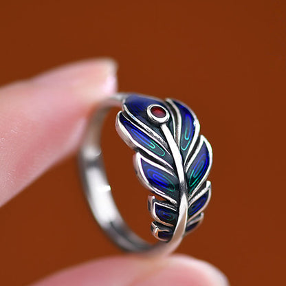 Metal Enameled Feather Auspicious Women's Ring Adjustable Size