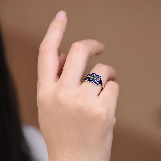 Metal Enameled Feather Auspicious Women's Ring Adjustable Size