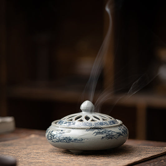 Ceramic Blue and White Porcelain Chinese Incense Burner Spiritual Energy Supplies - ETNCN