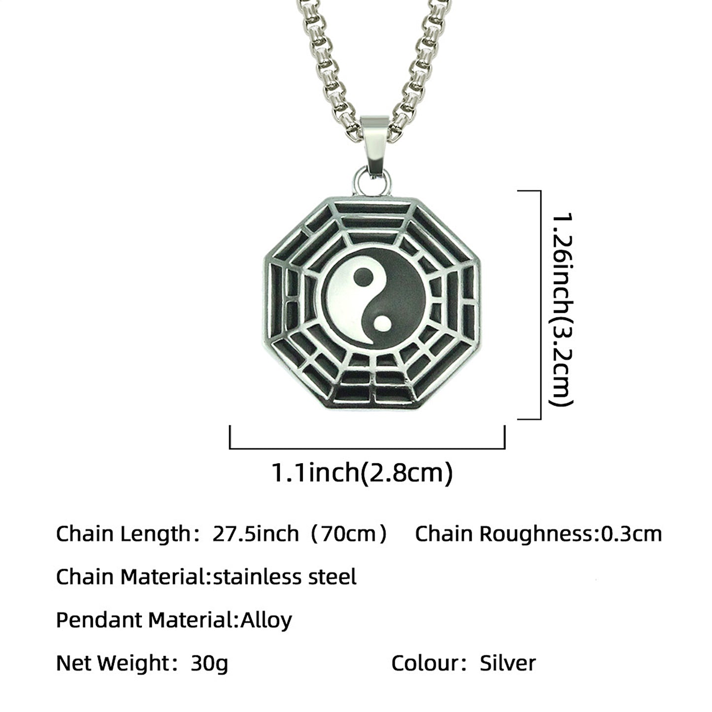 Exorcism Protection Energy Metal Taoist Tai Chi Yin Yang Bagua Necklace - ETNCN