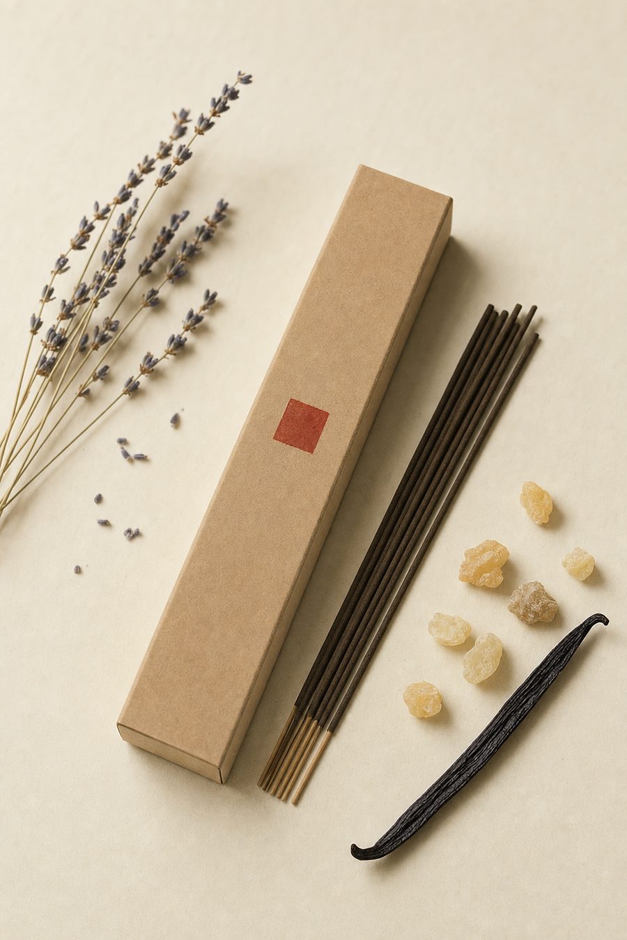 Last Light focus incense box with a single stick, ivory background