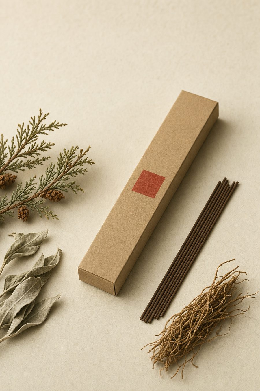 Quiet Page focus incense box with a single stick, ivory background