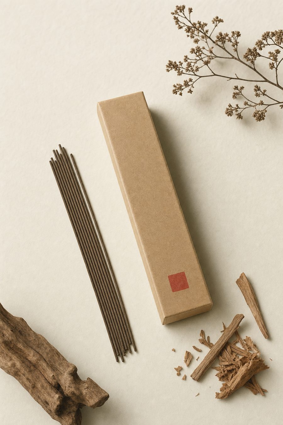 Scholar's Sandalwood focus incense box with a single stick, ivory background