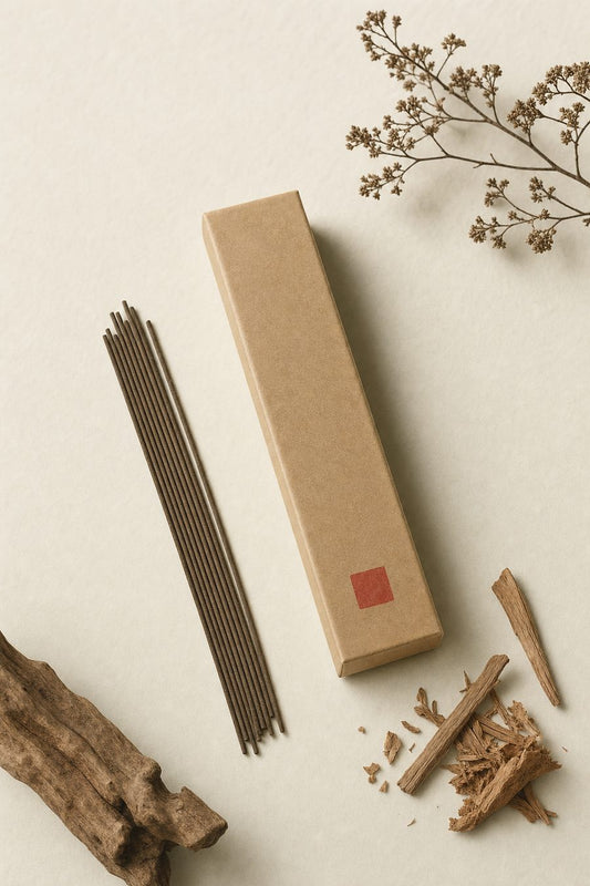 Scholar's Sandalwood focus incense box with a single stick, ivory background