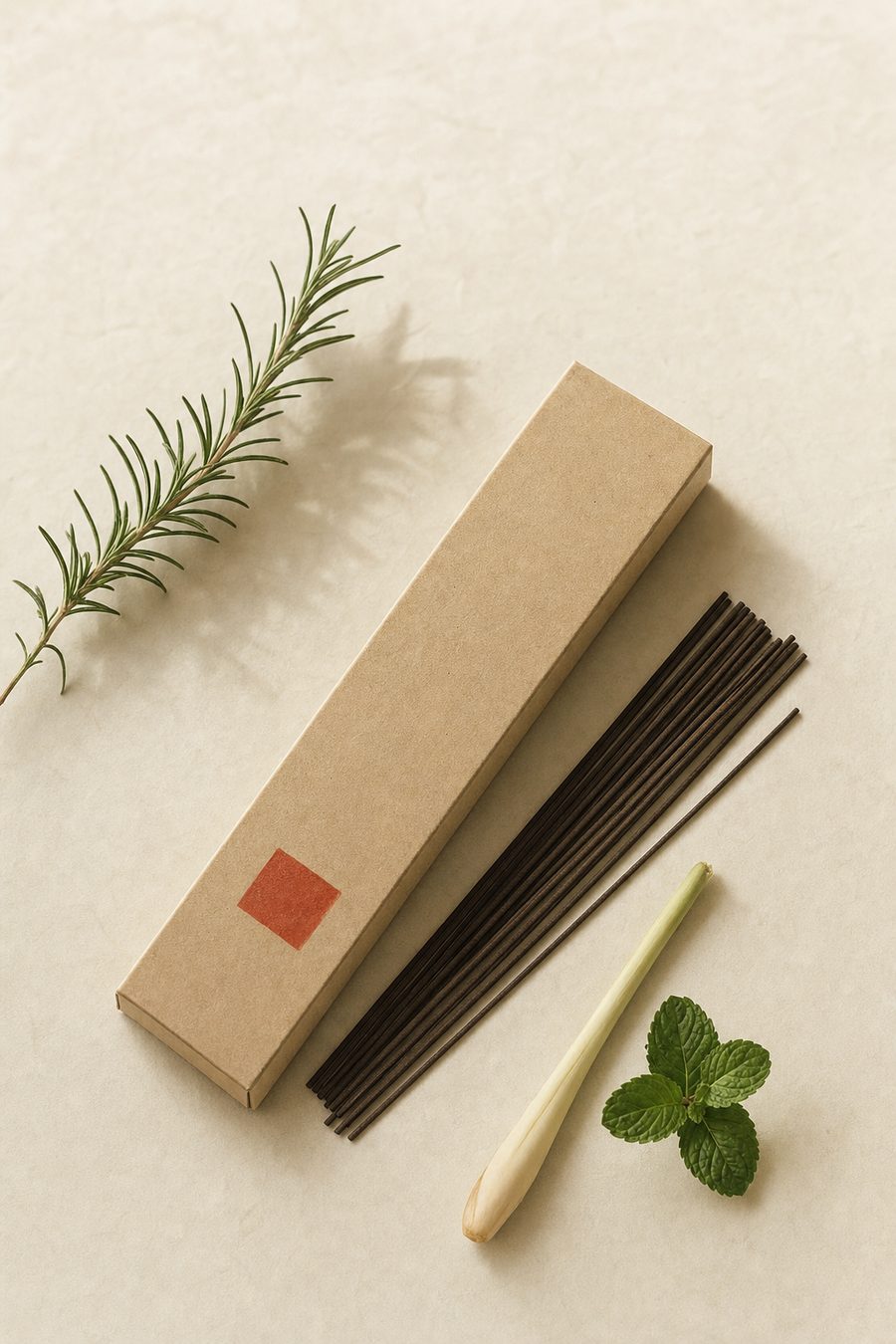 Second Wind focus incense box with a single stick, ivory background