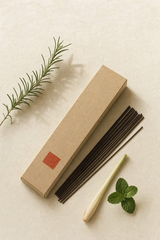Second Wind focus incense box with a single stick, ivory background